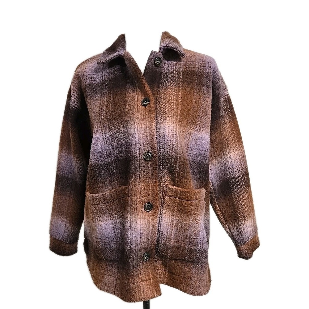 Madewell Brushed Plaid Knit Shirt Jacket Shacket Coat Brown Women's Size S